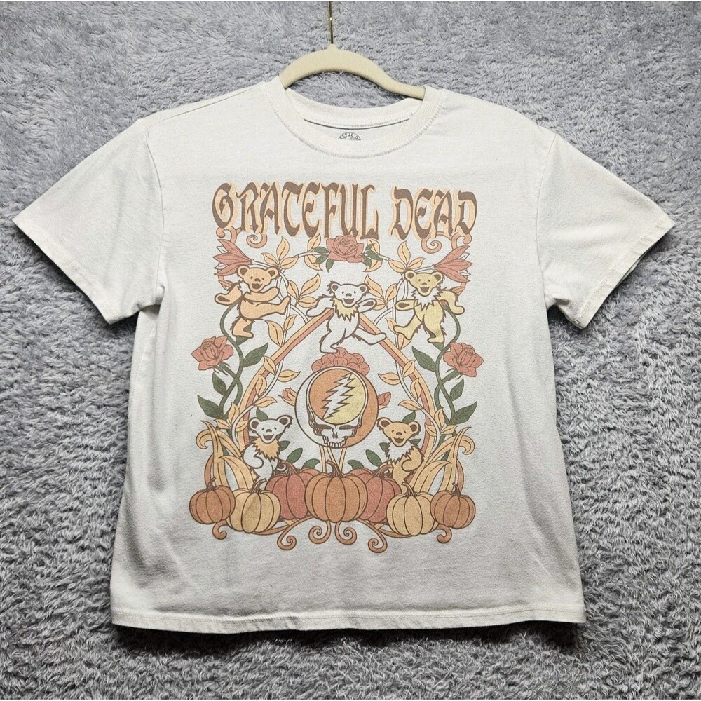 Grateful Dead Womens White Graphic T-Shirt Size Medium Pumpkins Fall Casual Bear